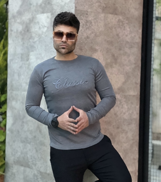 تیشرت آستین بلند Classic طوسی روشن