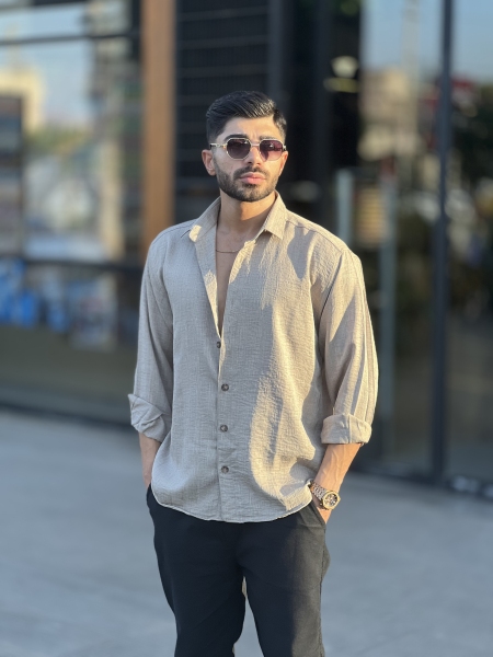 پیراهن لینن آستین بلند کرمی