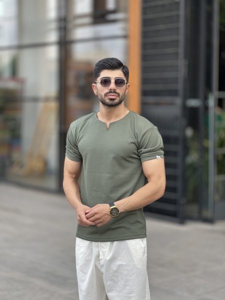 تیشرت یقه کوبایی بیسکوییتی Yep زیتونی