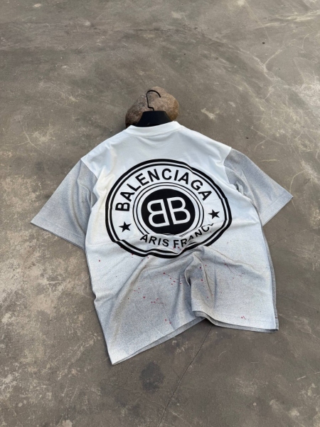 تیشرت آستین کوتاه رنگ پاشیده NEW BALENCIAGA سفید طوسی