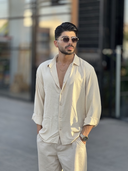 پیراهن لینن ابروبادی آستین بلند Yep کرمی