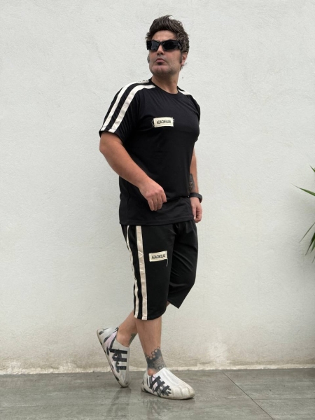 ست تیشرت و شلوارک BALENCIAGA دو خط نوار پهن مشکی