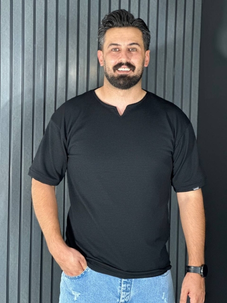 تیشرت یقه کوبایی بیسکوییتی مردانه مشکی