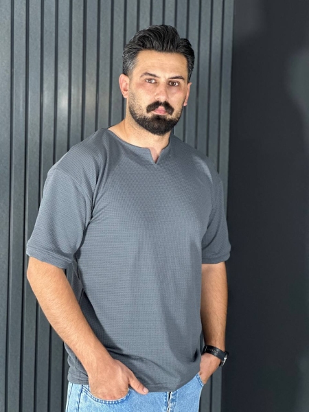 تیشرت یقه کوبایی بیسکوییتی مردانه طوسی