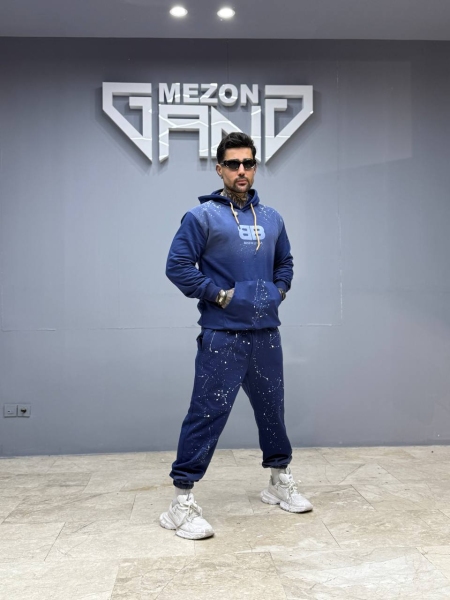 ست کلاهدار هودی پنبه رنگپاش سرمه ای