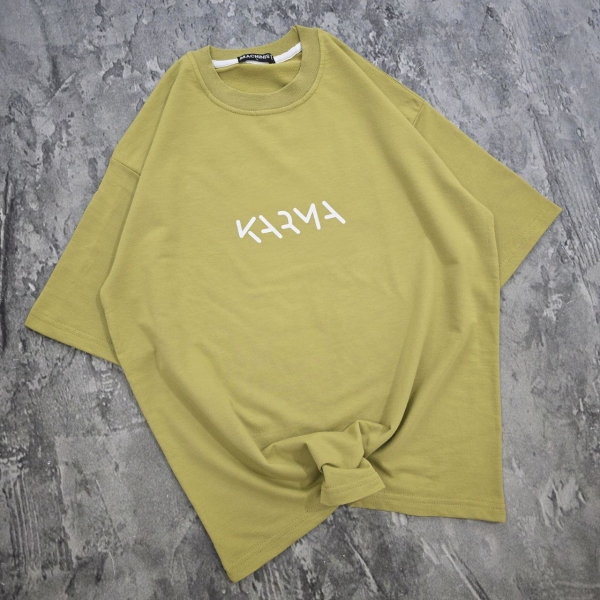 تیشرت قواره باکسی پارچه دورس دو نخ رنگ سبز لیمویی چاپ KARMA ضمانتی