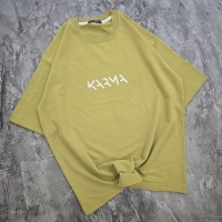 تیشرت قواره باکسی پارچه دورس دو نخ رنگ سبز لیمویی چاپ KARMA ضمانتی