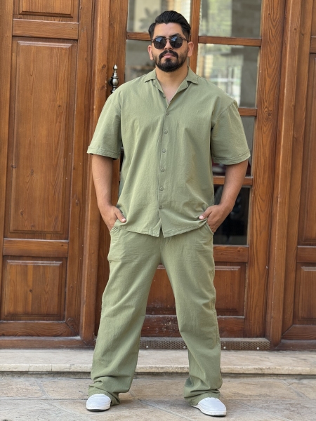 ست تیشرت و شلوار لینن زیتونی