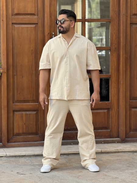 ست تیشرت و شلوار لینن کرم روشن