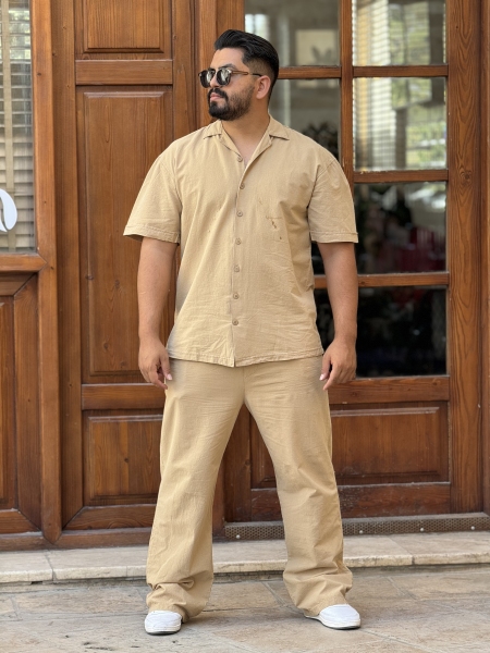ست تیشرت و شلوار لینن کرم تیره