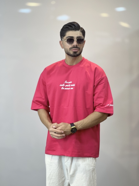 تیشرت دورس دونخ مینیمال آستین چاپ سرخابی