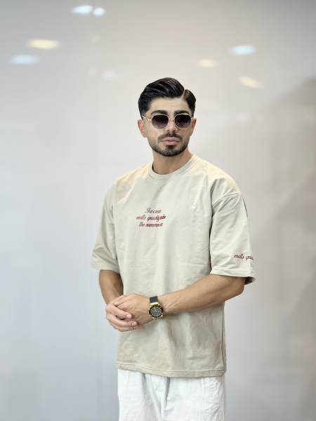 تیشرت دورس دونخ مینیمال آستین چاپ خاکی