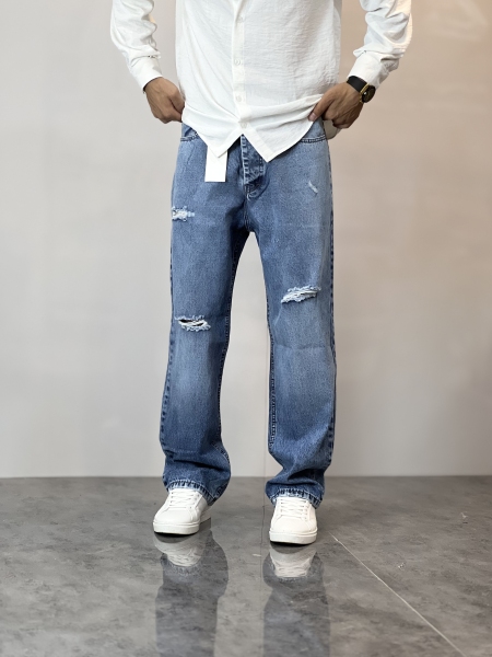 شلوار نیم بگ جین J آبی زاپدار کد 699