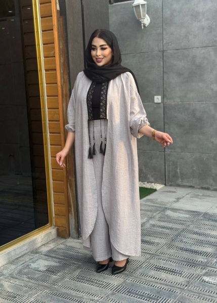 ست دوتیکه مانتو و شلوار شانتون طوسی