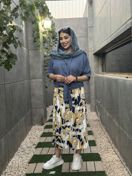 ست دوتیکه شومیز گره ای سرمه ای و سارافون