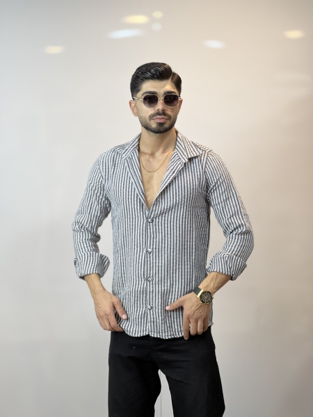 پیراهن پشمی 400 گرمی Y4 مشکی سفید شطرنجی