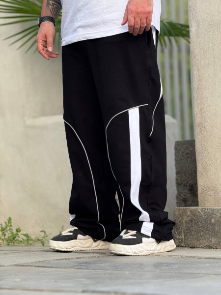 شلوار اسلش نیم بگ نوار سفید مغزی خور مشکی