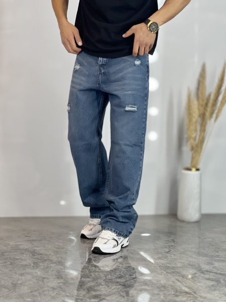 شلوار نیم بگ جین Zara آبی زاپدار سایه کد 612