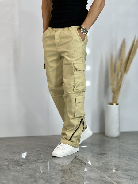 شلوار کارگو دمپازیپ هشت جیب S کرمی