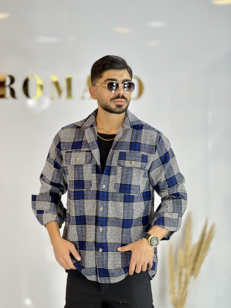 کت پشمی ضخیم H چهارخونه آبی طوسی بزرگ