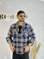 کت پشمی ضخیم H چهارخونه آبی طوسی بزرگ