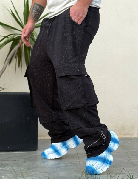 شلوار اسلش کارگو دمپا زیپ رنگ پاشیده مشکی