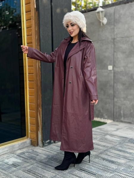 کت چرم پوست ماری بلند زرشکی