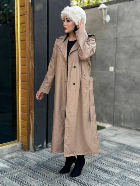 کت چرم پوست ماری بلند نسکافه ای