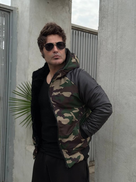 کاپشن کلاهدار چریک آستین چرم مشکی سبز