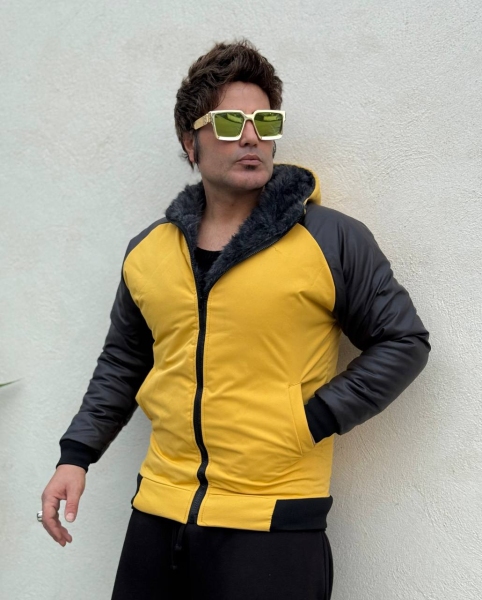 کاپشن کلاهدار داخل خز آستین چرم مشکی خردلی