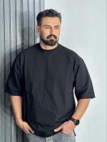 تیشرت باکسی سه نخ بیسیک مردانه رنگ مشکی