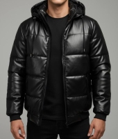 کاپشن چرم کلاهدار داخل خز RIKE مشکی