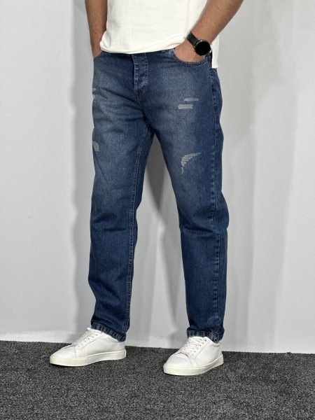 شلوار جین مام فیت زاپدار مردانه آبی گازوییلی