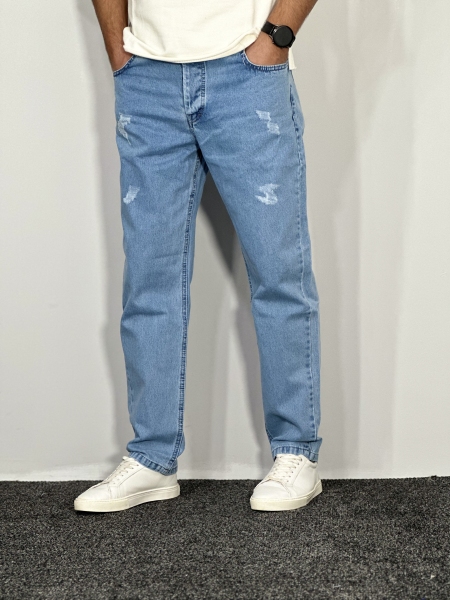 شلوار جین مام فیت زاپدار مردانه آبی روشن