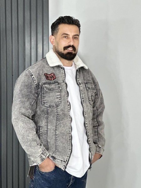 کاپشن جین داخل خز مردانه رنگ ذغالی