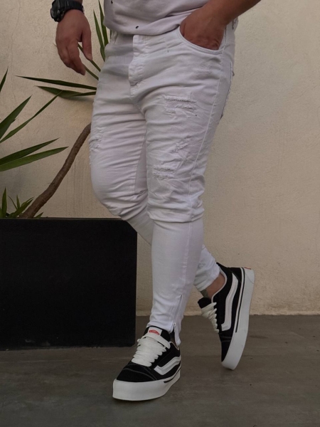 شلوار جین اسکینی زاپدار SKINNY دمپا زیپ سفید