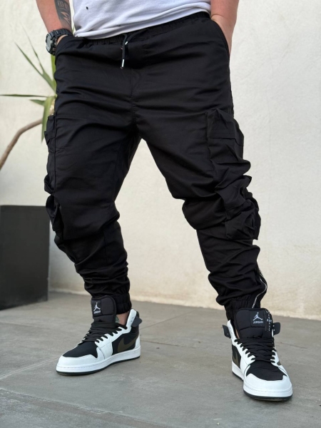 شلوار اسلش کتان هشت جیب دمپا زیپ مشکی