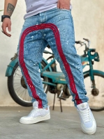 شلوار جین مام فیت کمرکش کاستوم طرح زاپ نواردار قرمز FASHION آبی روشن