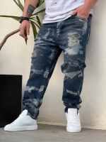 شلوار جین مام فیت رنگ پاشیده زاپدار MCM سرمه ای