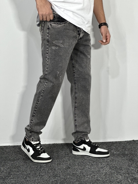 شلوار جین مام فیت زاپدار مردانه طوسی