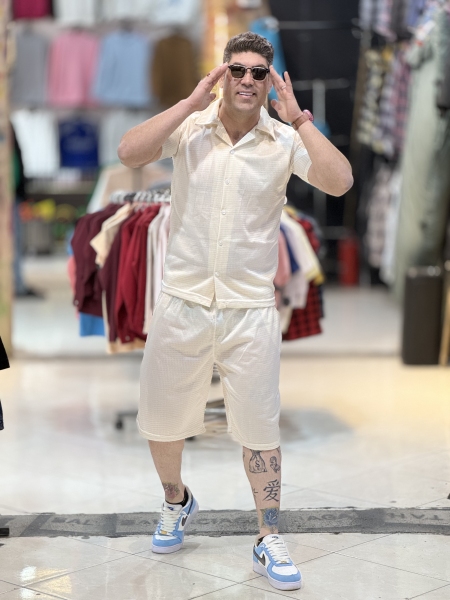 ست شلوارک و پیراهن پارچه مراکشی اعلا((کرم روشن