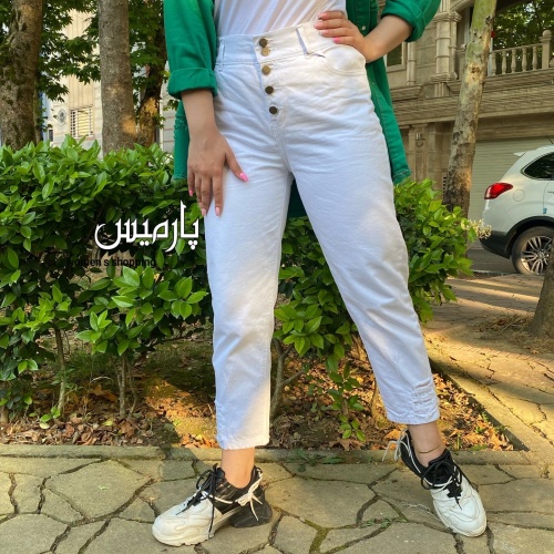شلوار مام فیت سفید مچ زاپ دار