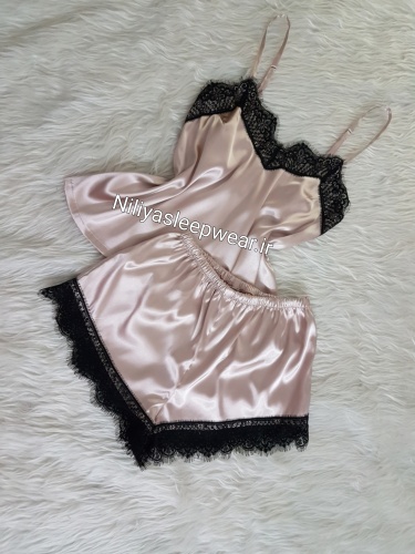 تاپ و شلوارک رزگلد با تور مژه مشکی