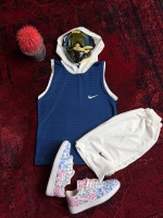 ست تاپ کلاهدار و شلوارک NIKE آبی سفید