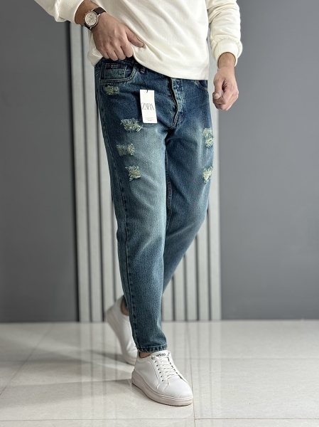 شلوار بوی فرند آبی زاپدار ( قد 96سانت )