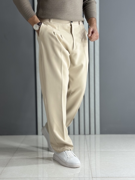 شلوار نیم بگ مازراتی کرم ( قد 105 سانت/ پشت کمر کش )