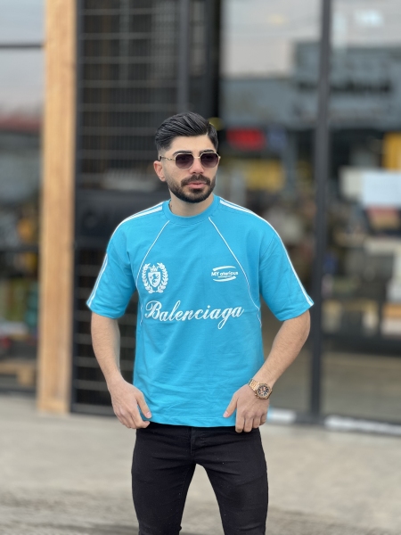 تیشرت دورس دو نخ Balenciaga سه خط آبی آسمانی