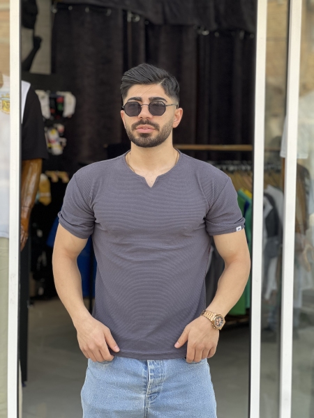 تیشرت یقه کوبایی بافتی Mod ذغالی