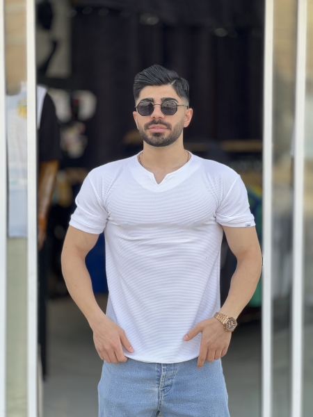 تیشرت یقه کوبایی بافتی Mod سفید