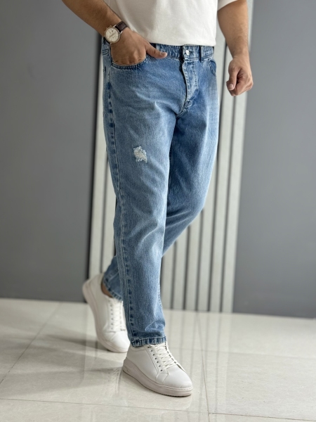 شلوار مام فیت آبی زاپدار ( قد 100 سانت )